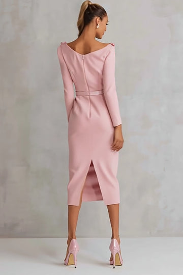 Col bateau rose fourreau appliques robe de travail midi